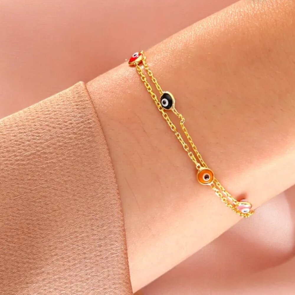 Evil Eye Bracelet, Multicolor Charm for Women, Gold and Silver Chain,